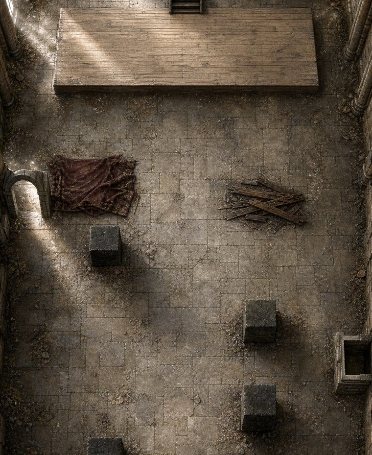 Battle map of a long stone great hall with a tiled floor.