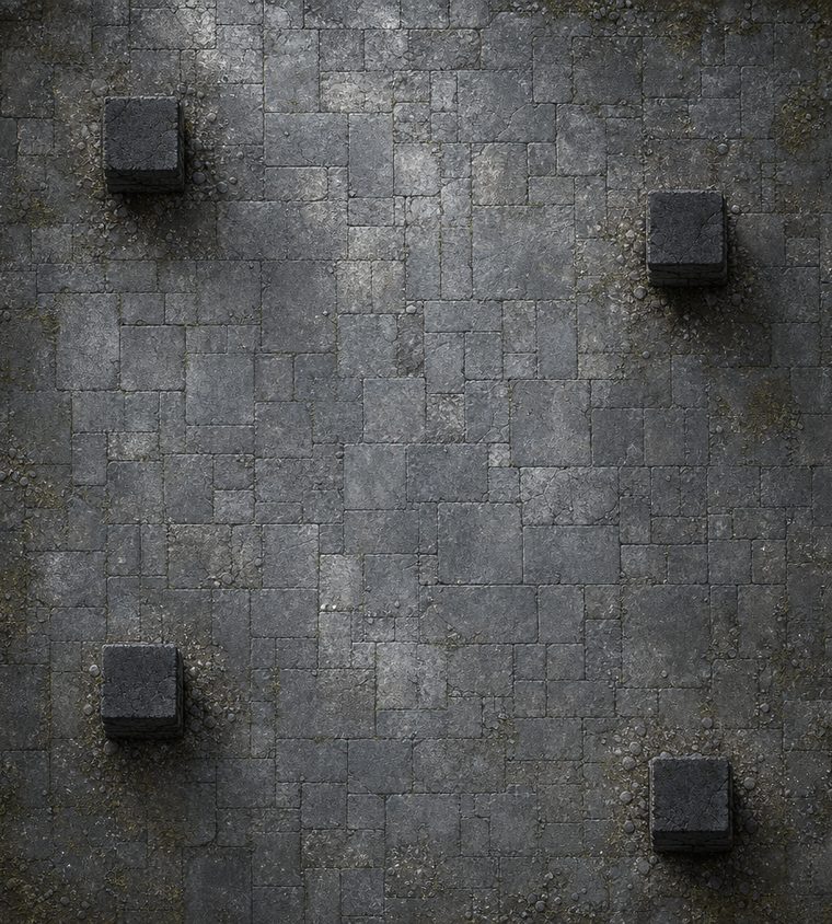Battle map of a stone chamber with pillars at the corners.